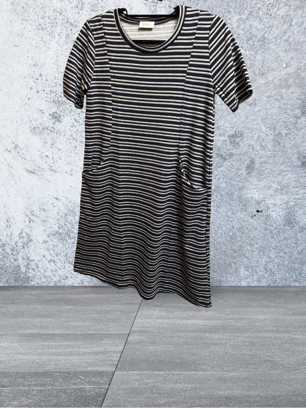 Striped Short Sleeve Pocket Dress - Black & Gray